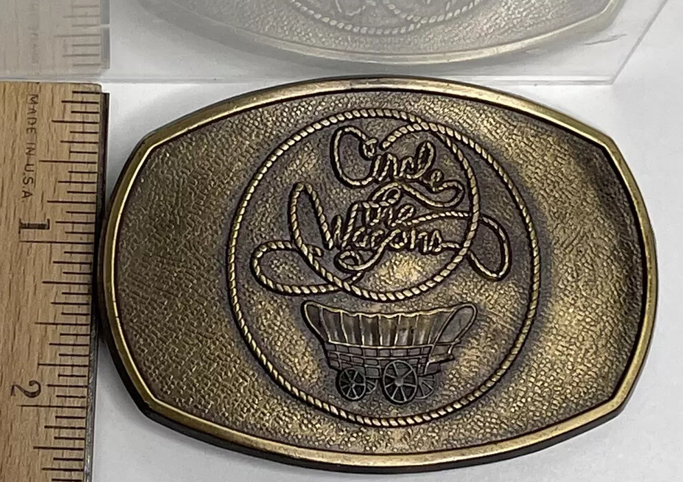 Vintage Western Belt Buckle Circle The Wagon Cowboy Rustic Pioneers Signed RJ