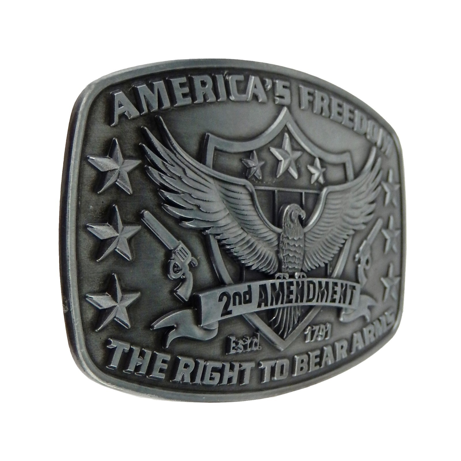 America&rsquo;s Freedom Belt Buckle 2nd Amendment Antique Silver Eagle Shield Stars
