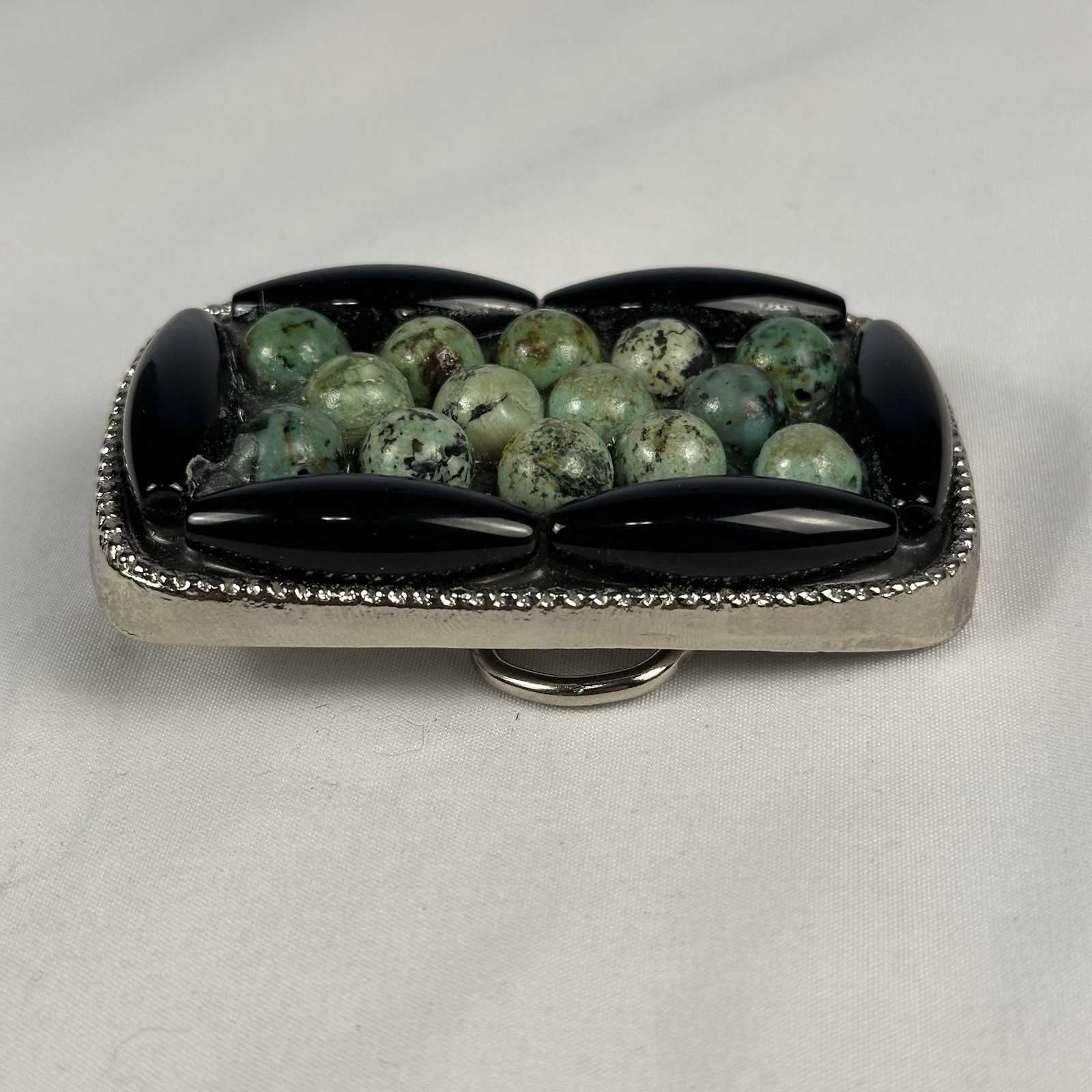 Southwestern Style Belt Buckle Turquoise Black Onyx Inlay Western Silver Tone