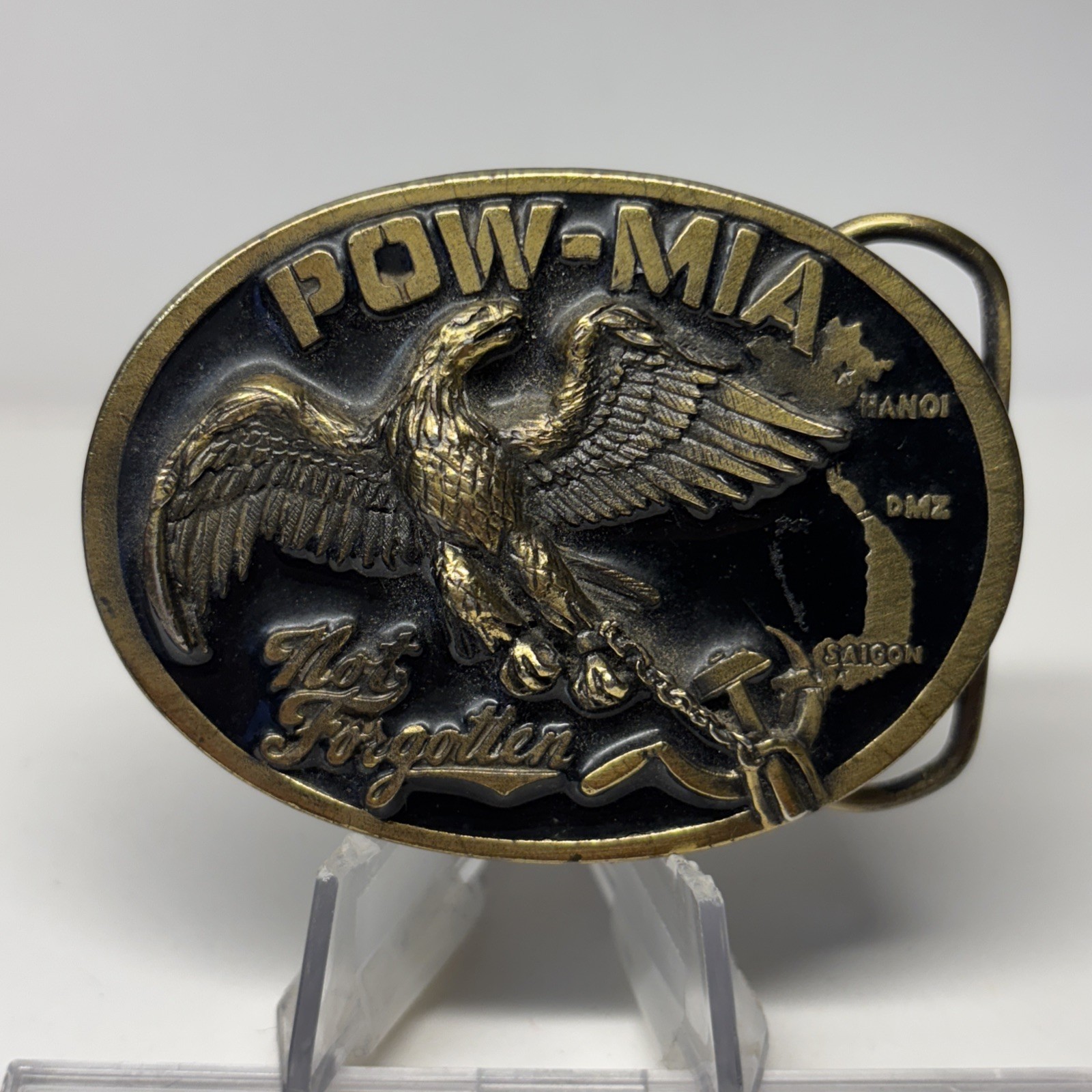 Military Belt Buckle POW MIA Eagle Great American #1822 USA Black Gold Vintage