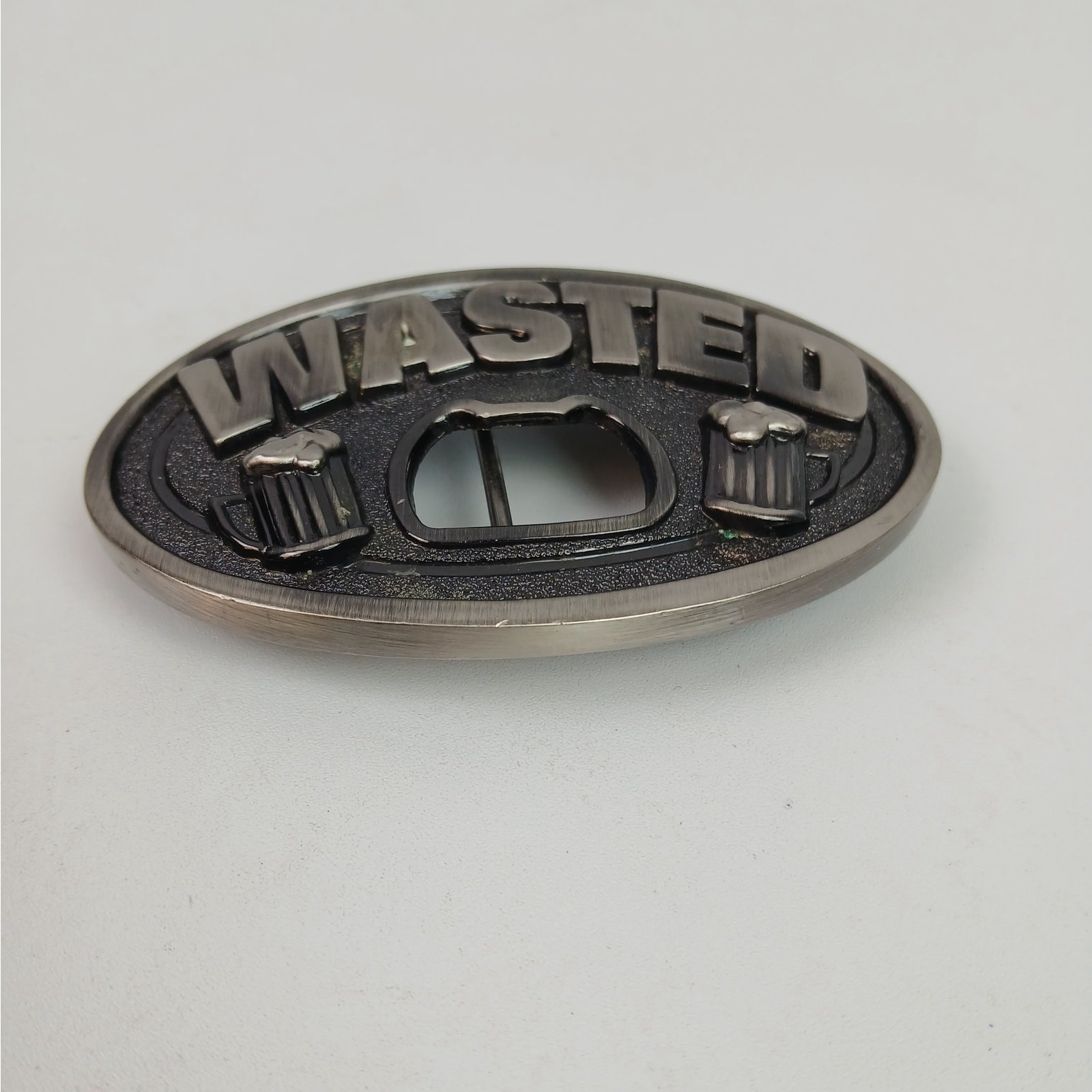 Kalan WASTED Silver Belt Buckle With Built In Bottle Opener Foaming Beer Mugs