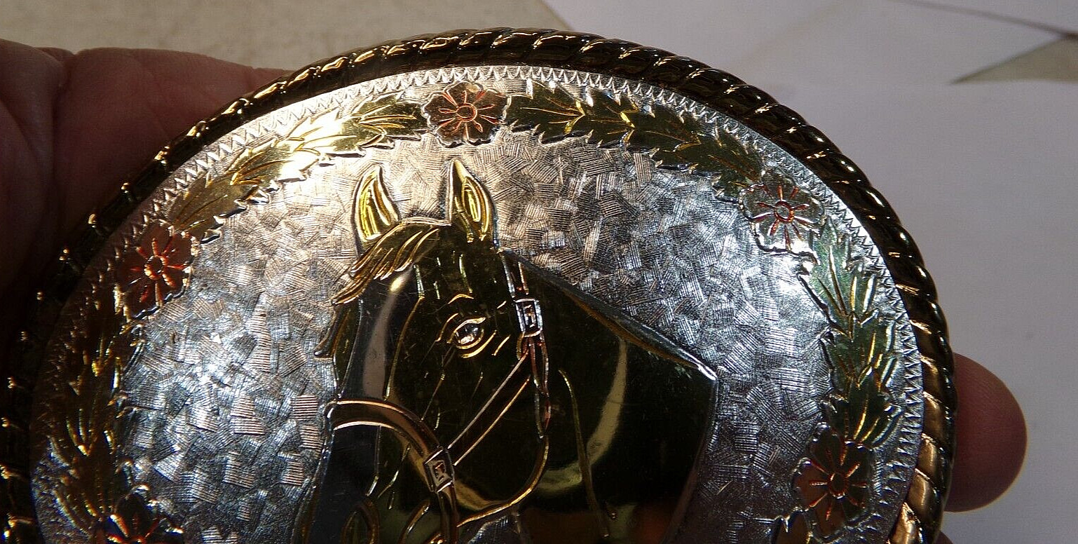 HORSE HEAD 3 Color Flower Belt Buckle Marked W USA 3.75&Prime; x 2.75&Prime; 1.5&Prime;belt