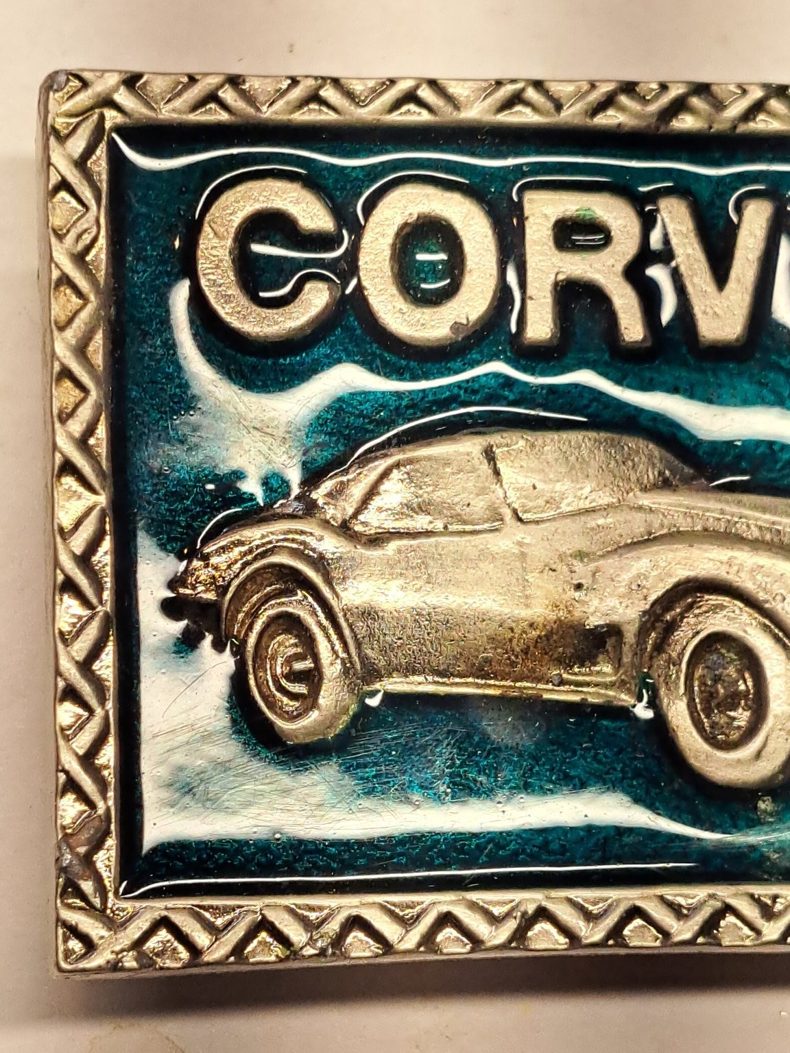 Corvette Belt Buckle Teal Silver Classic Car Logo Enamel Chevy