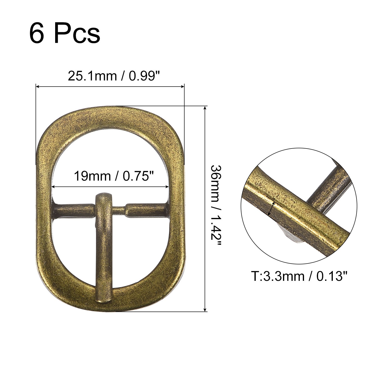 6Pcs 0.75&Prime; Single Prong Belt Buckle DIY Oval Center Bar Buckle Brass