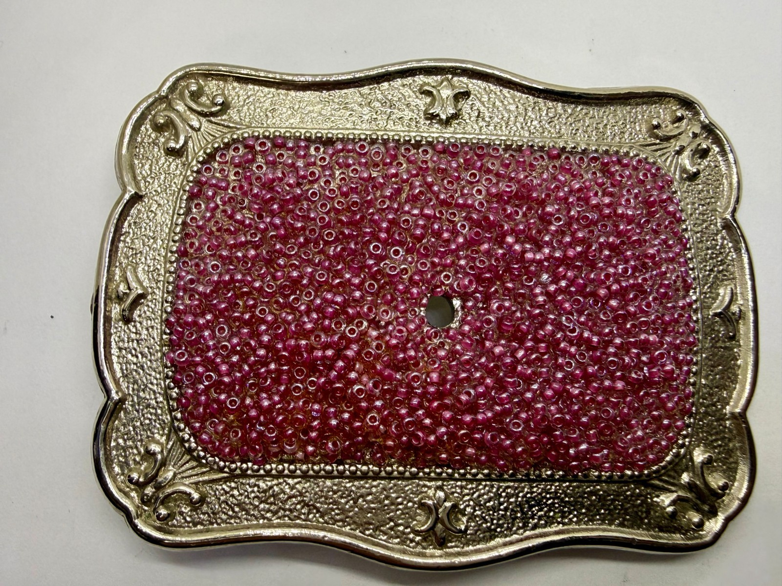Rectangular Red Pink Bead Covered Belt Buckle Center Hole For Craft Or Project