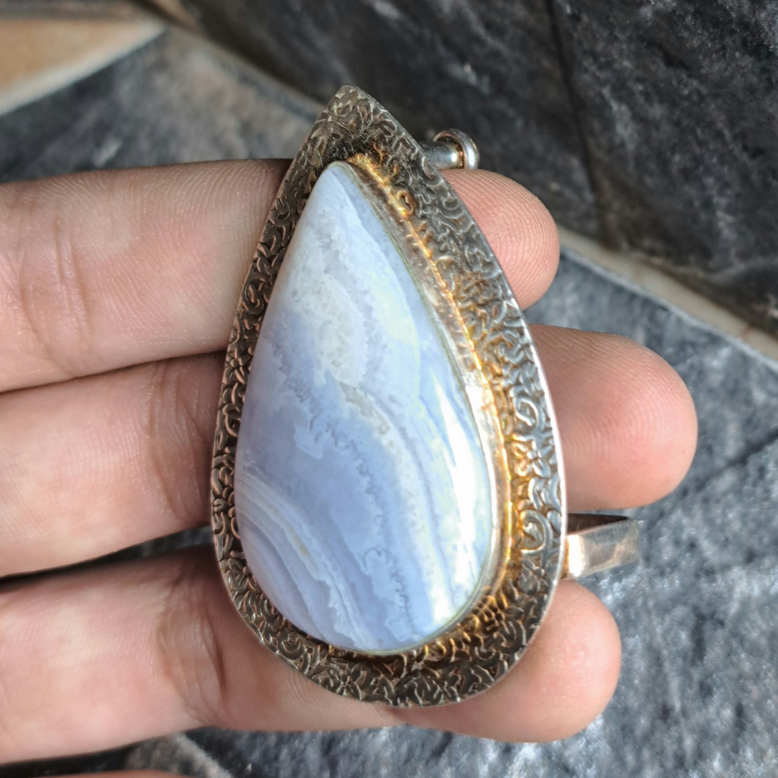 Blue Lace Agate Teardrop Silver Plated Belt Buckle Soft Lavender Banded Unisex