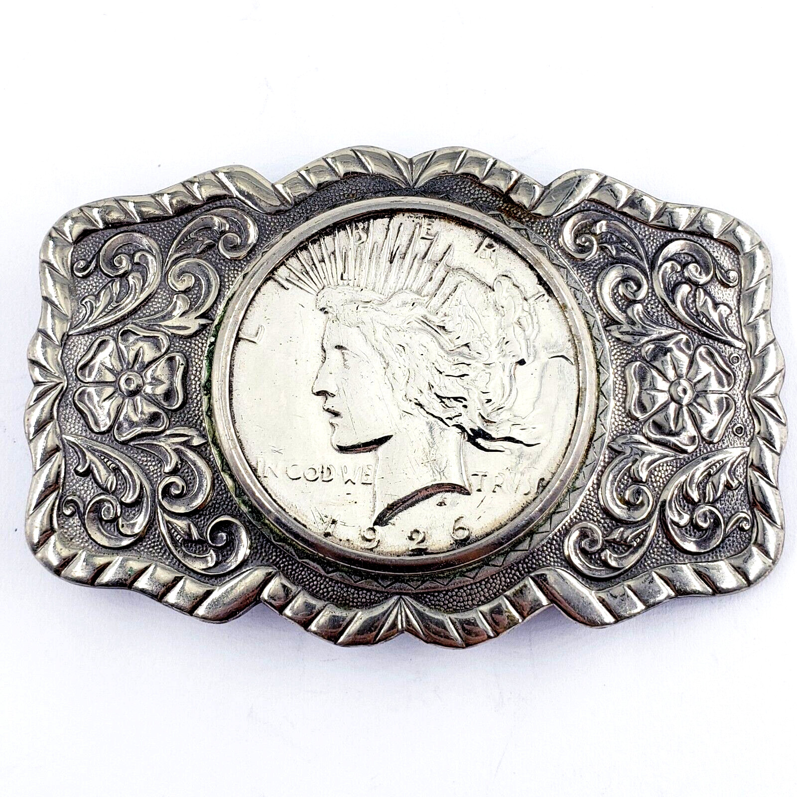 NICKEL SILVER BELL Vintage 1926 Morgan Dollar Coin Ornate Belt Buckle 3.25×1.25&Prime;