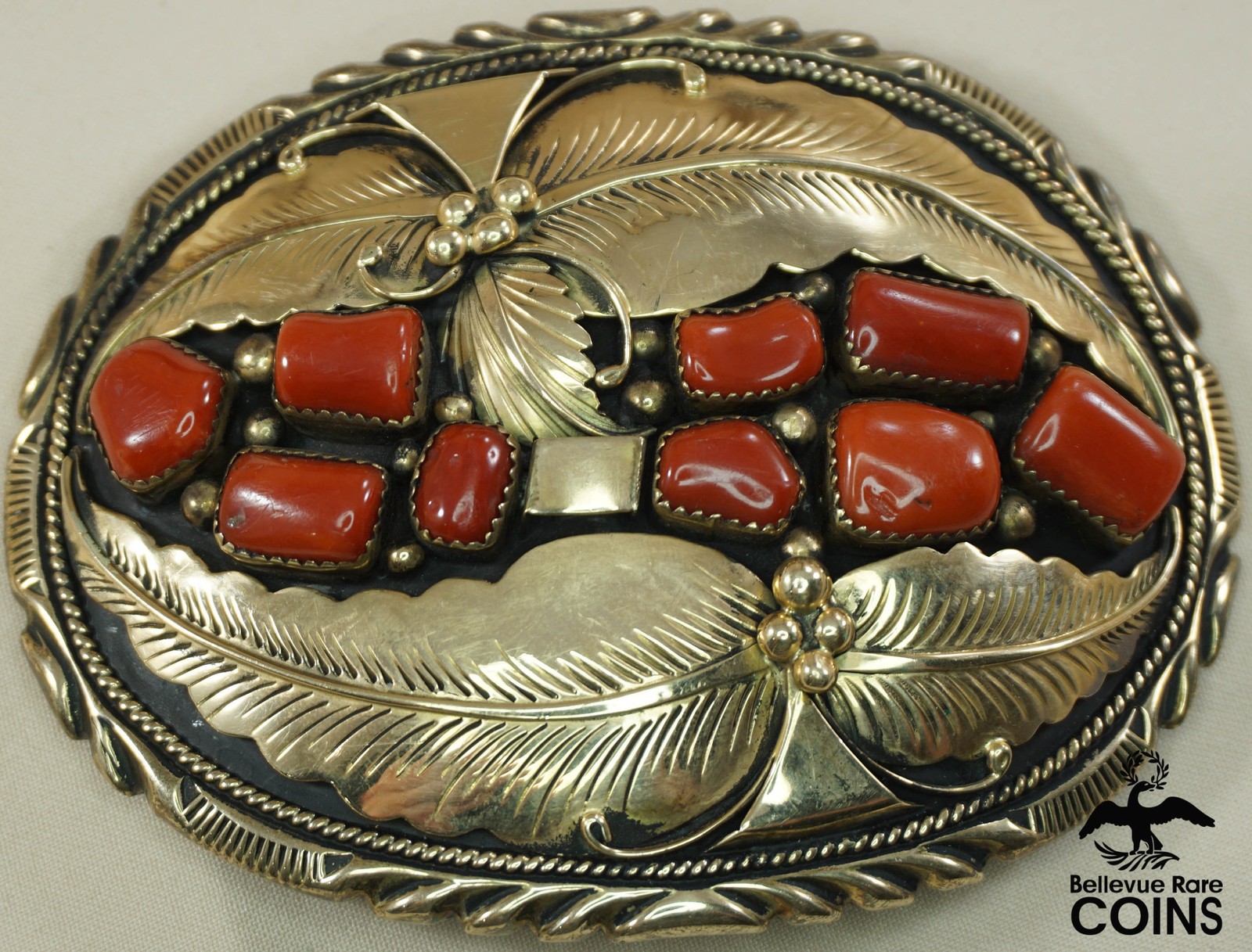 Wilbert Vandever Navajo 14k Yellow Gold & Sterling Silver Red Coral Belt Buckle
