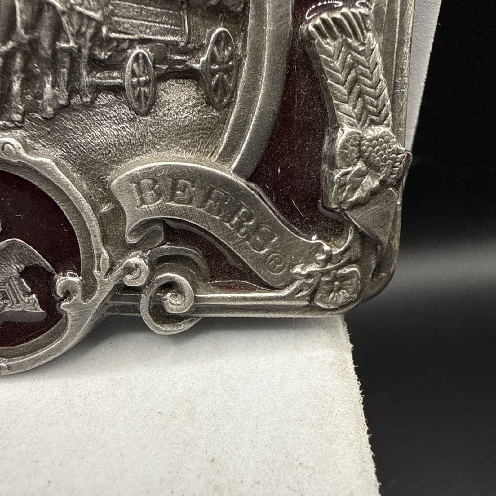 Vintage Budweiser Clydesdale King of Beers Belt Buckle red enameled pewter