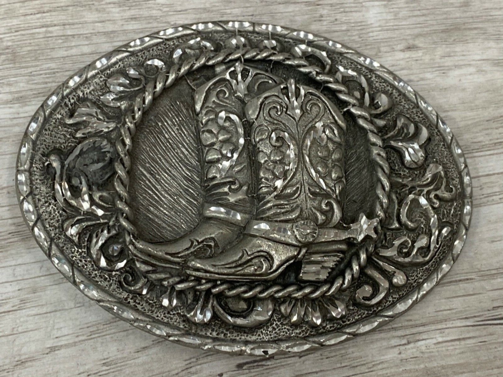 Vintage 1970s Solid Pewter Design Cowboy Cowgirl Western Boots Belt Buckle USA