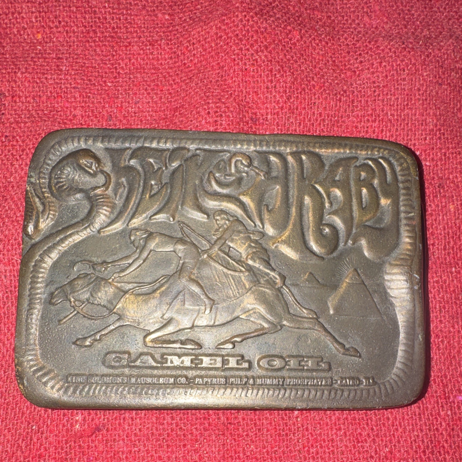 Vintage Sheik of Araby Game Oil Brass Belt Buckle Camel Rider Western 1974