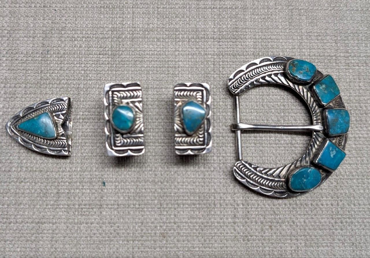 vintage STERLING SILVER belt buckle set 4PC turquoise SAMPSON WERITO navajo