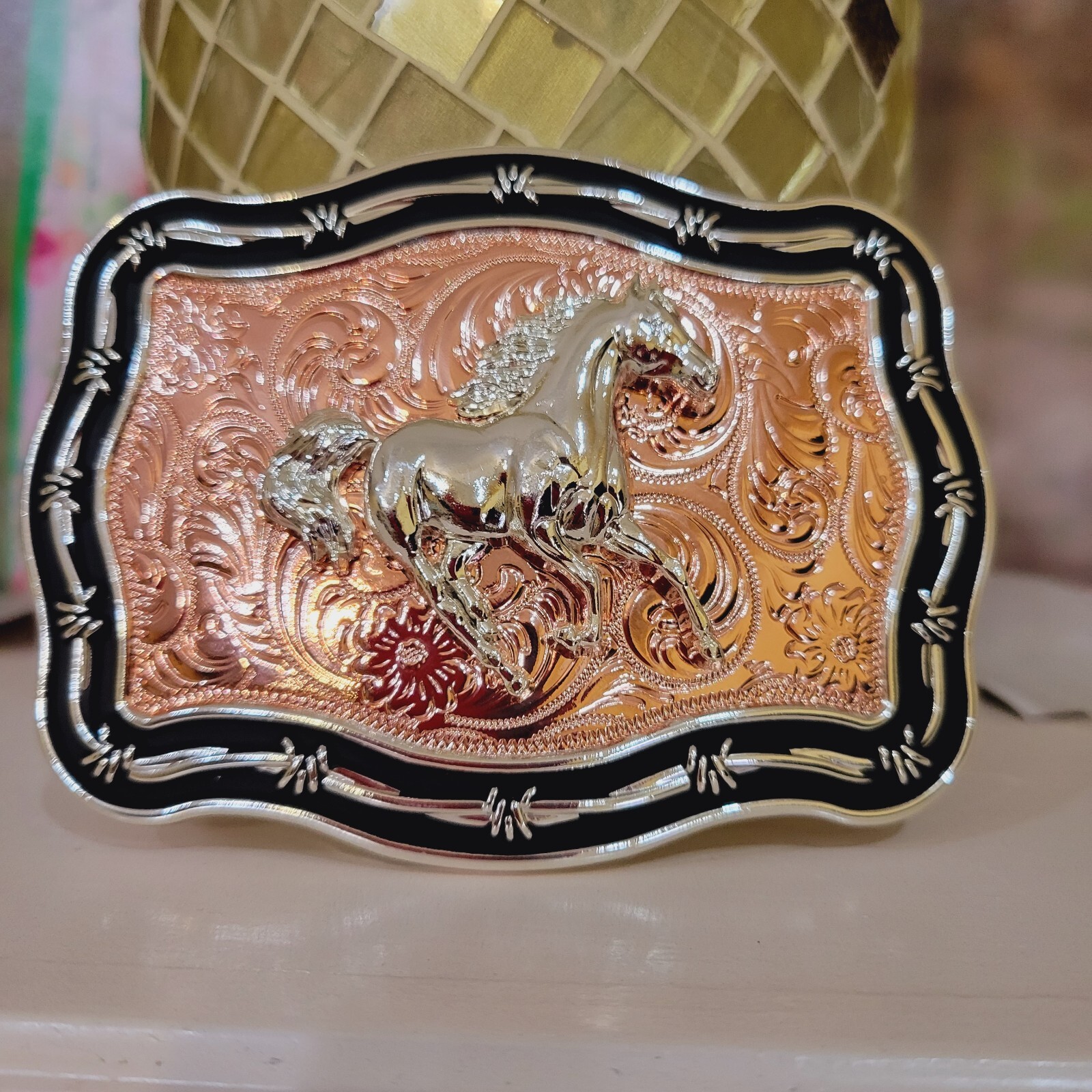 Running horse Western belt Buckle Rose Tone silver 1.5 2 » belt 4.5 x 3.5 inch