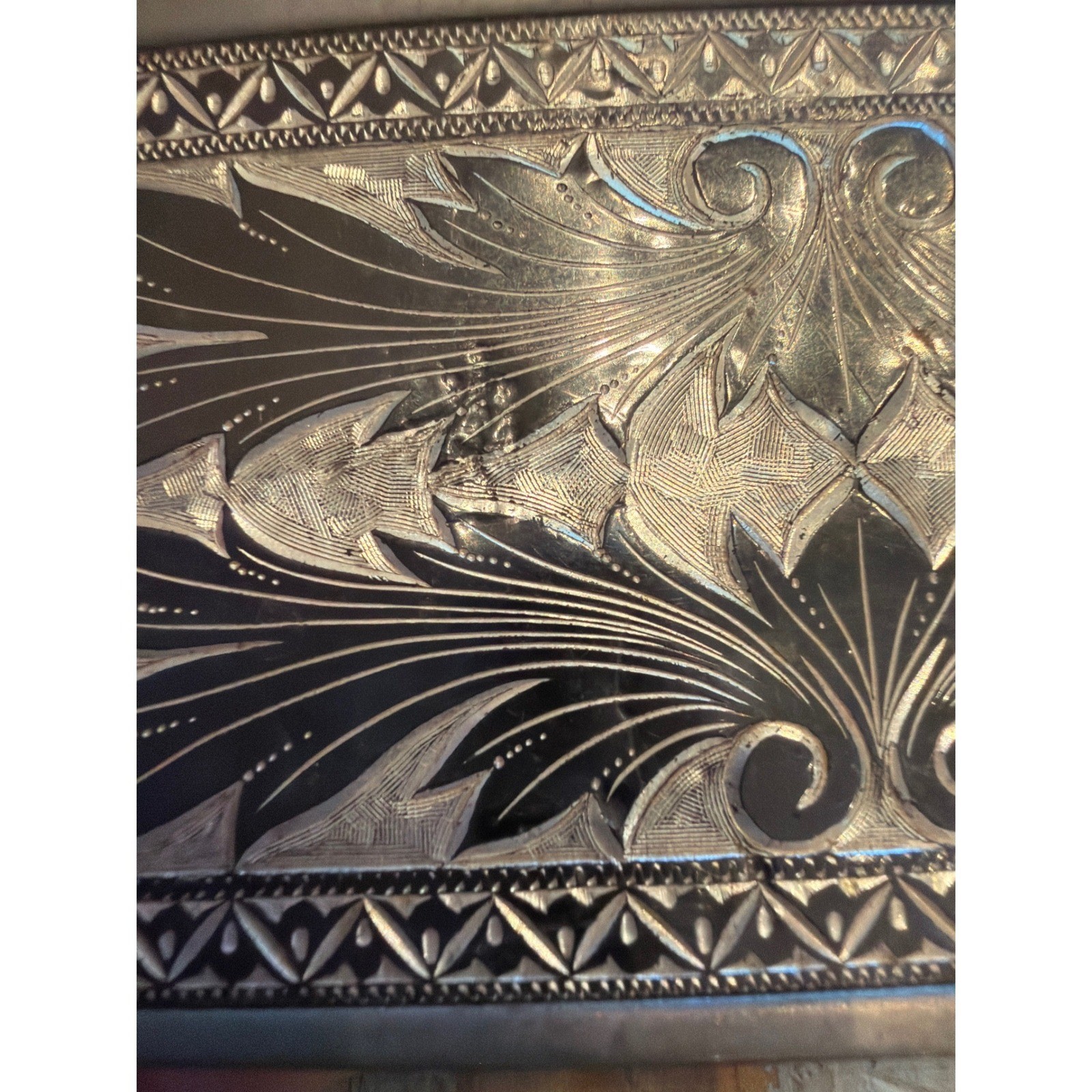 Vintage Engraved Western Belt Buckle Floral Scroll Cowboy Unmarked Non Snap