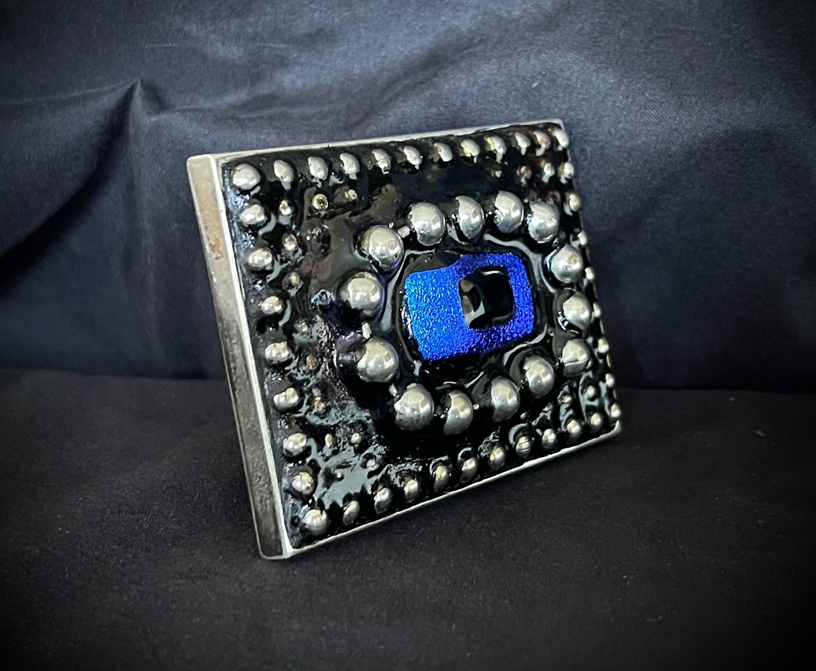 Belt Buckle Industrial Brutalist Blue Stone Beaded Texture OOAK Darren McNeese