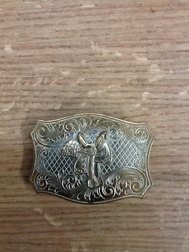 Vintage Western Horse Saddle Belt Buckle Solid Brass Engraved Floral Gold Tone