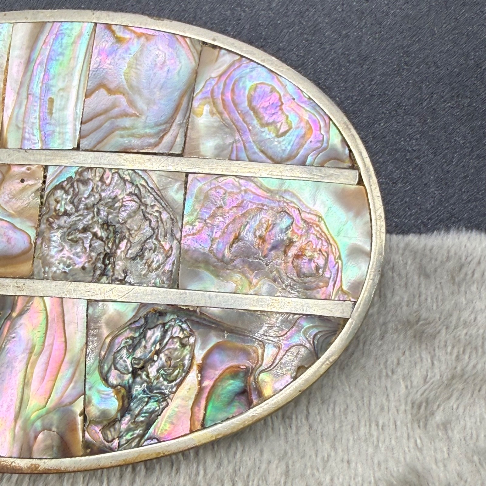 Vintage Alpaca Belt Buckle Abalone Inlay Silver Tone