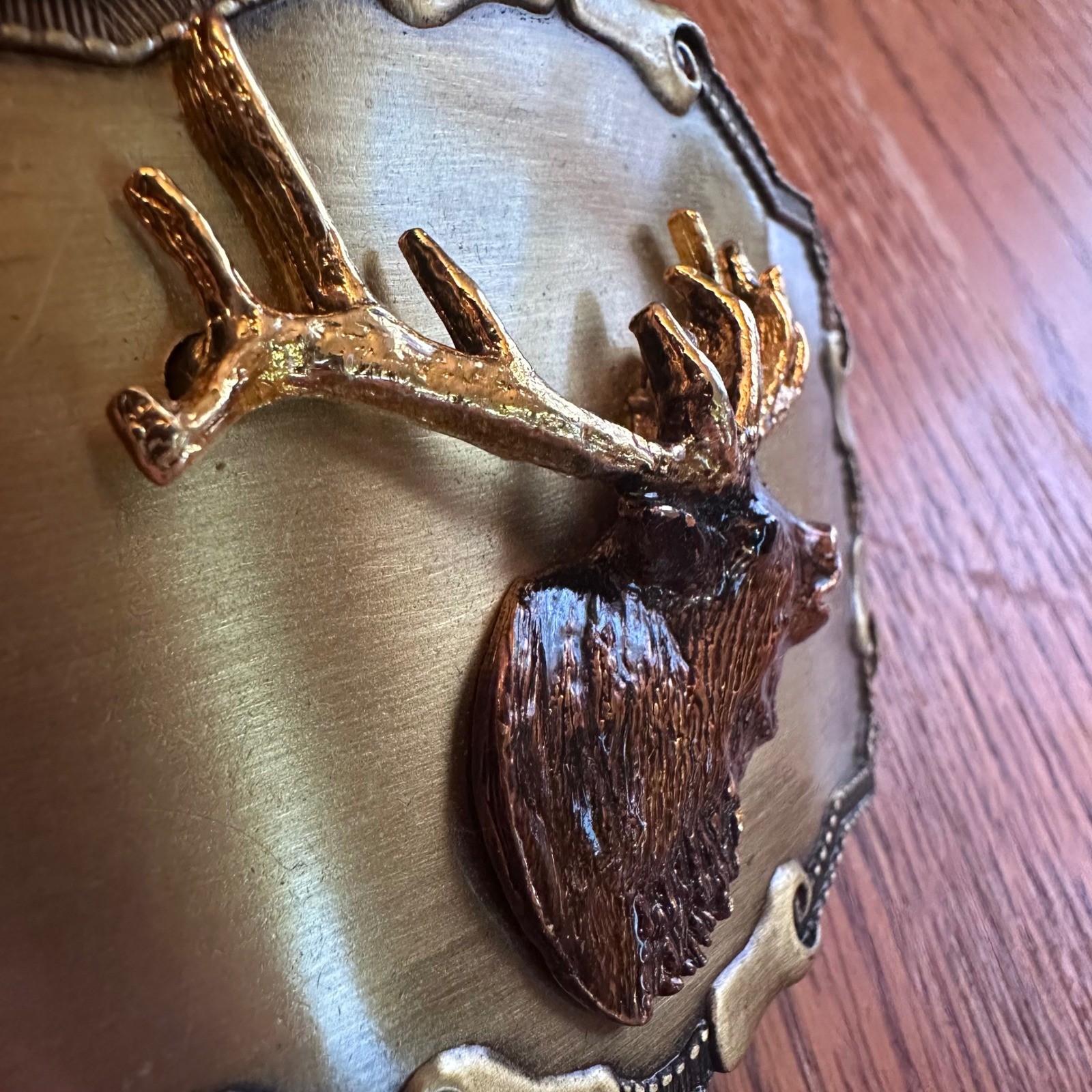 Raintree Belt Buckle Mens Gold Vintage 1977 1978 Elk Deer Moose 3D Relief Rustic