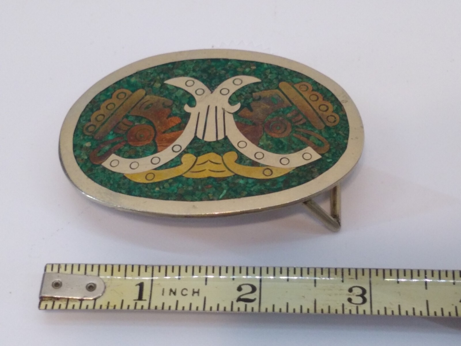 Aztec Mayan 2 God Head ~ BELT BUCKLE – Turquoise Silver Gold Mexico Vintage