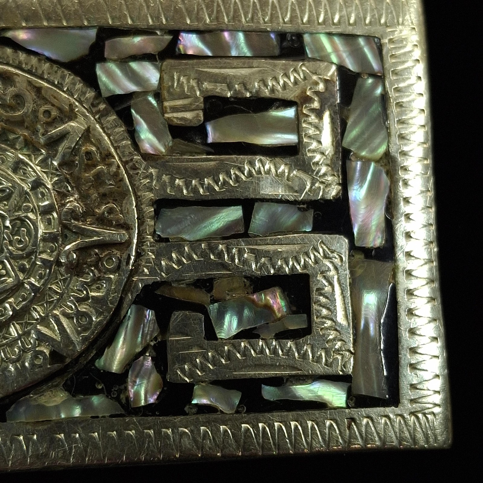 Mexican Alpaca Silver Abalone Shell Inlay Aztec Calendar Belt Buckle Western