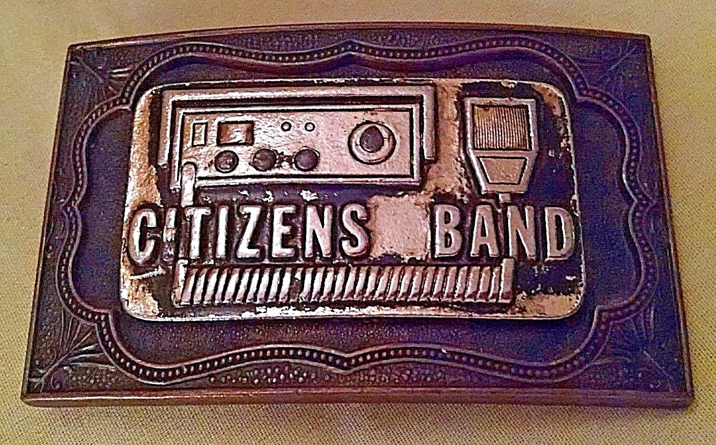 CB RADIO BELT BUCKLE CITIZENS BAND GOLD COPPER COLOR METAL RECTANGULAR UNMARKED.