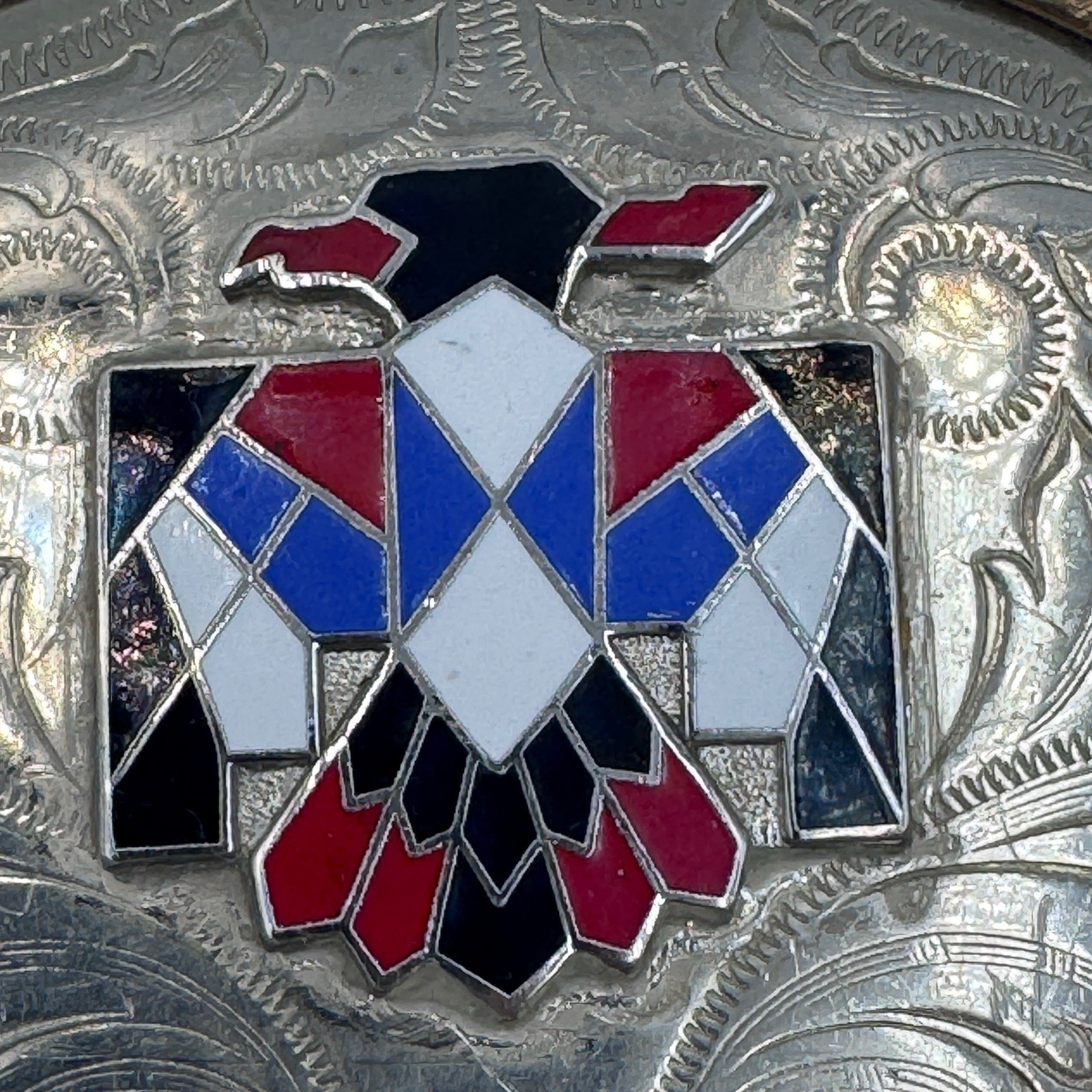 Vintage German Silver Thunderbird Belt Buckle Western Enamel Floral Engraved