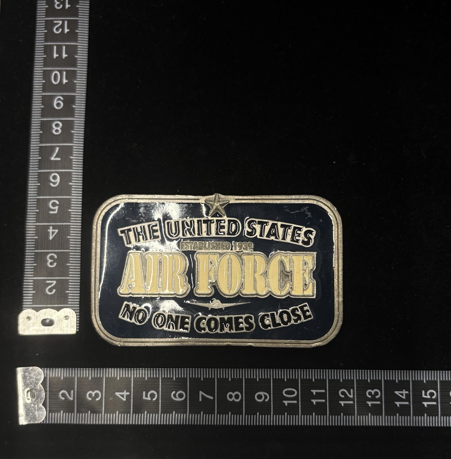 Vintage US Air Force belt buckle features blue and gold enamel RARE