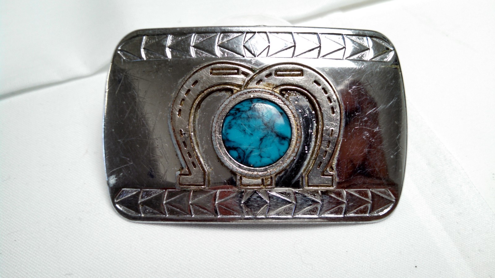 Vintage Chrome Plated Metal Belt Buckle Brass Horse Shoes Faux Turquoise Center