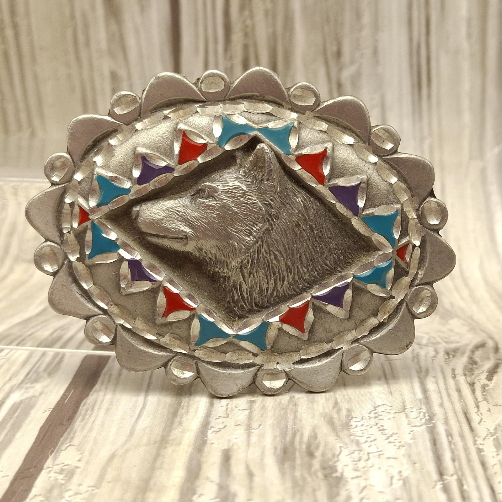 Vtg Great American Products Belt Buckle Pewter Wolf Enamel Oval Western 90s GAP