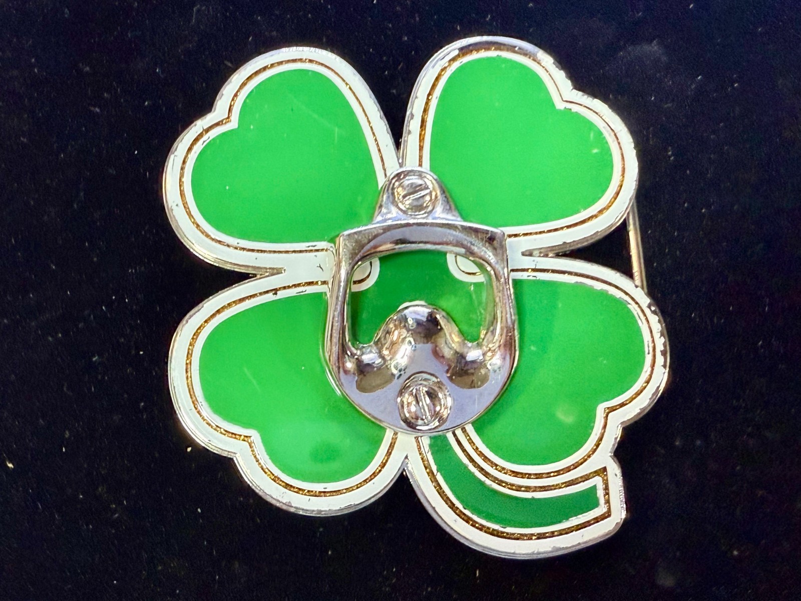 Lucky Four Leaf Clover Shamrock Green Silver Novelty Bottle Opener & Belt Buckle