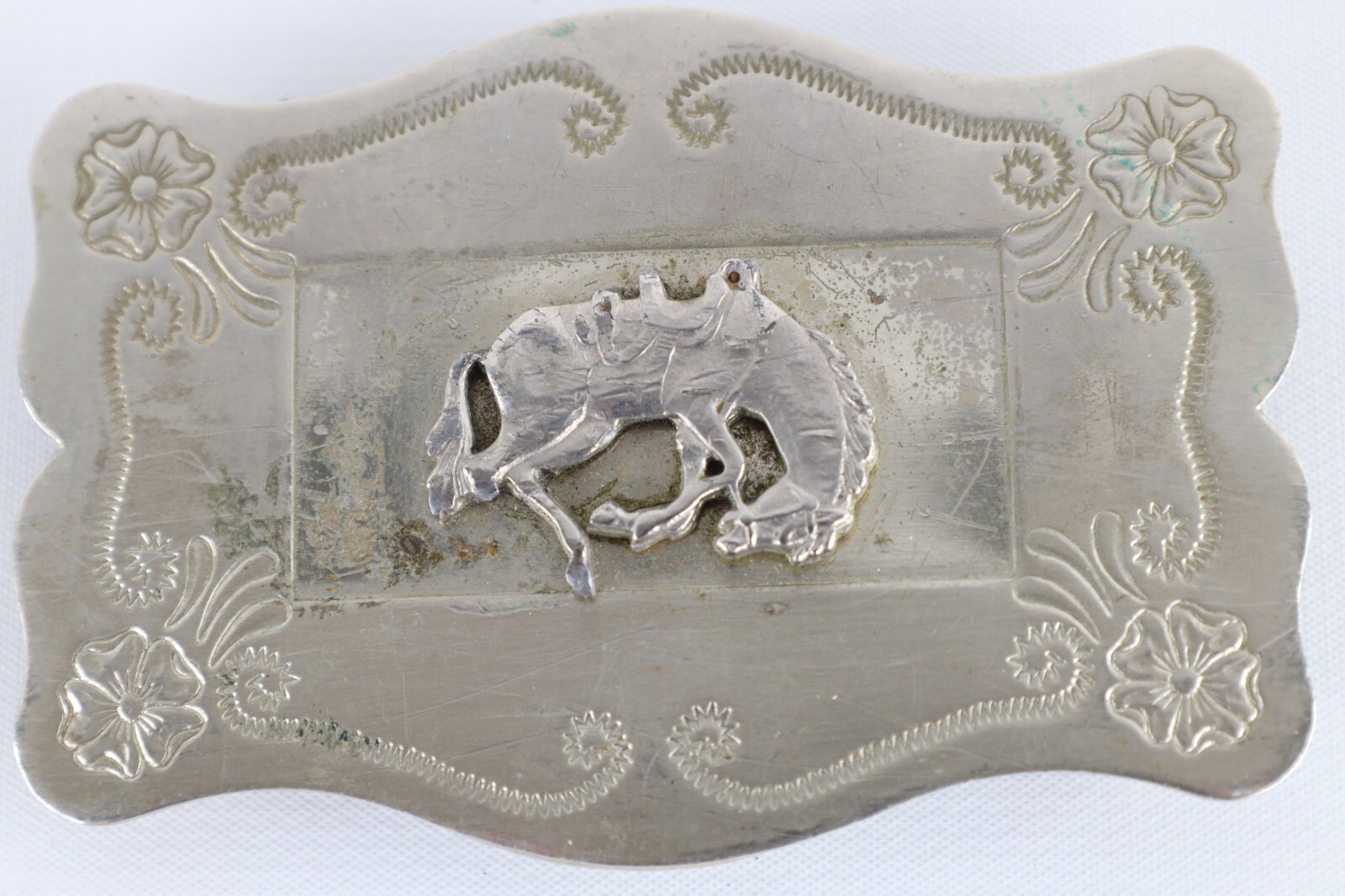Vintage 70s Rockabilly Silver Nickel Flower Bucking Horse Bronco Belt Buckle