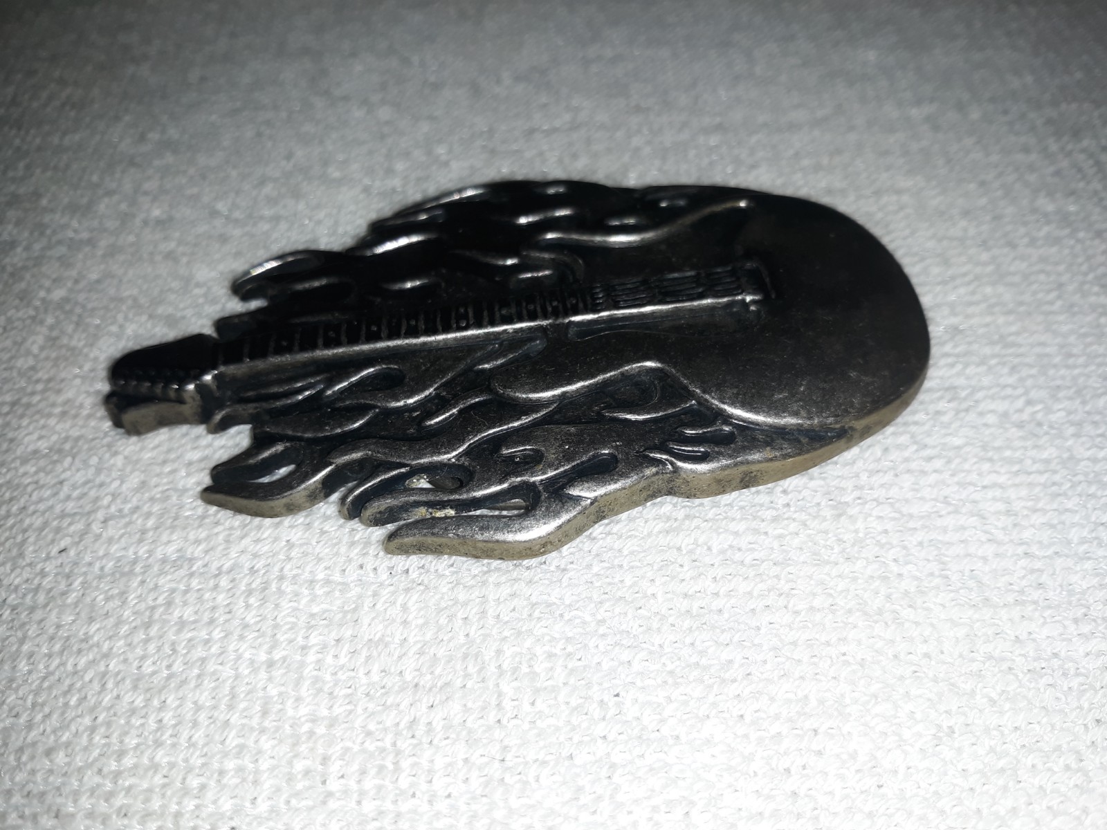Vintage Pewter Flaming Electric Guitar Rock & Roll Belt Buckle Excellent