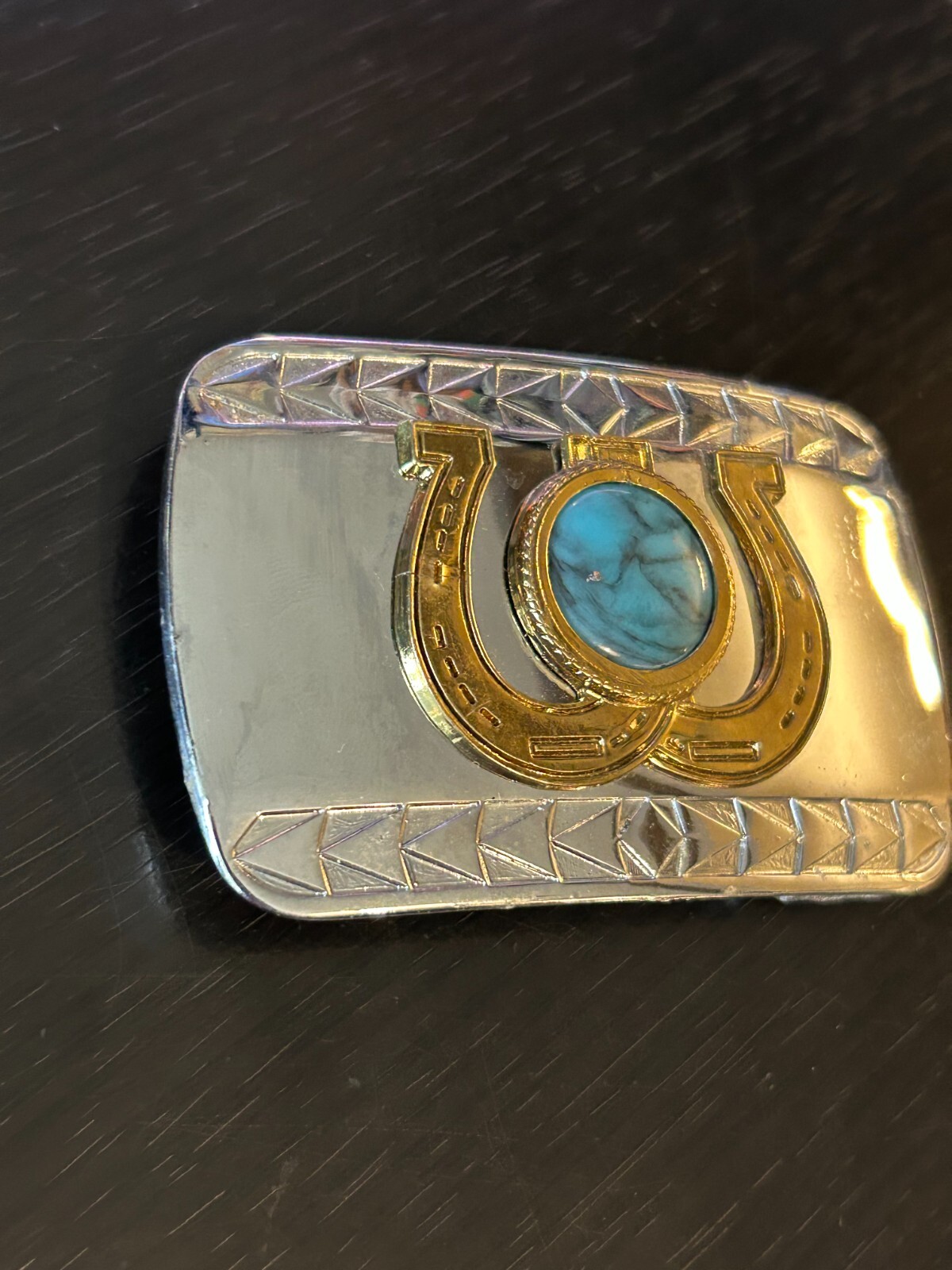 Vintage Collectible Horseshoes Turquoise Looking Piece Metal Belt Buckle