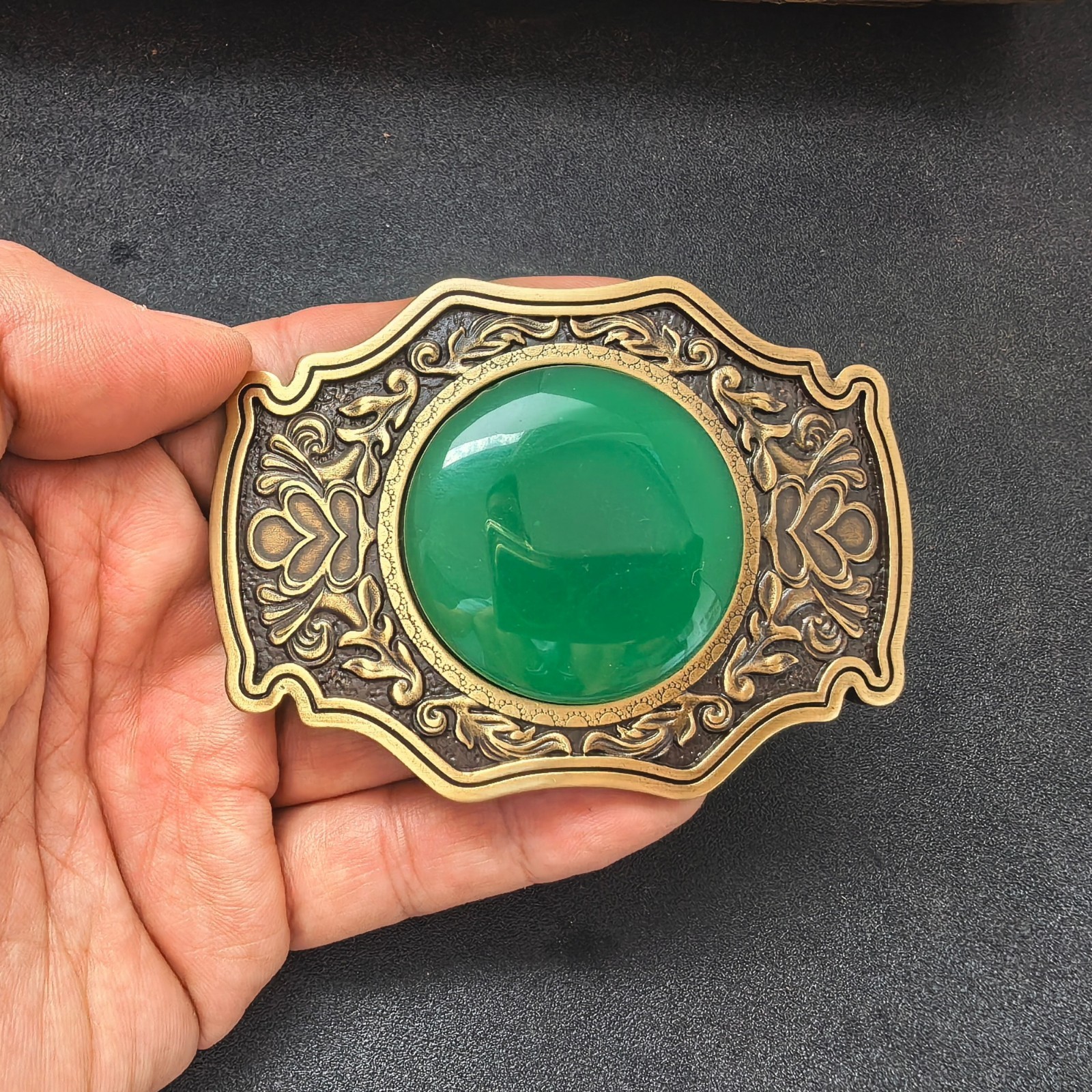 Round Cat-eye Acrylic Mens Belt Buckle Western Cowboy Solid Brass Copper