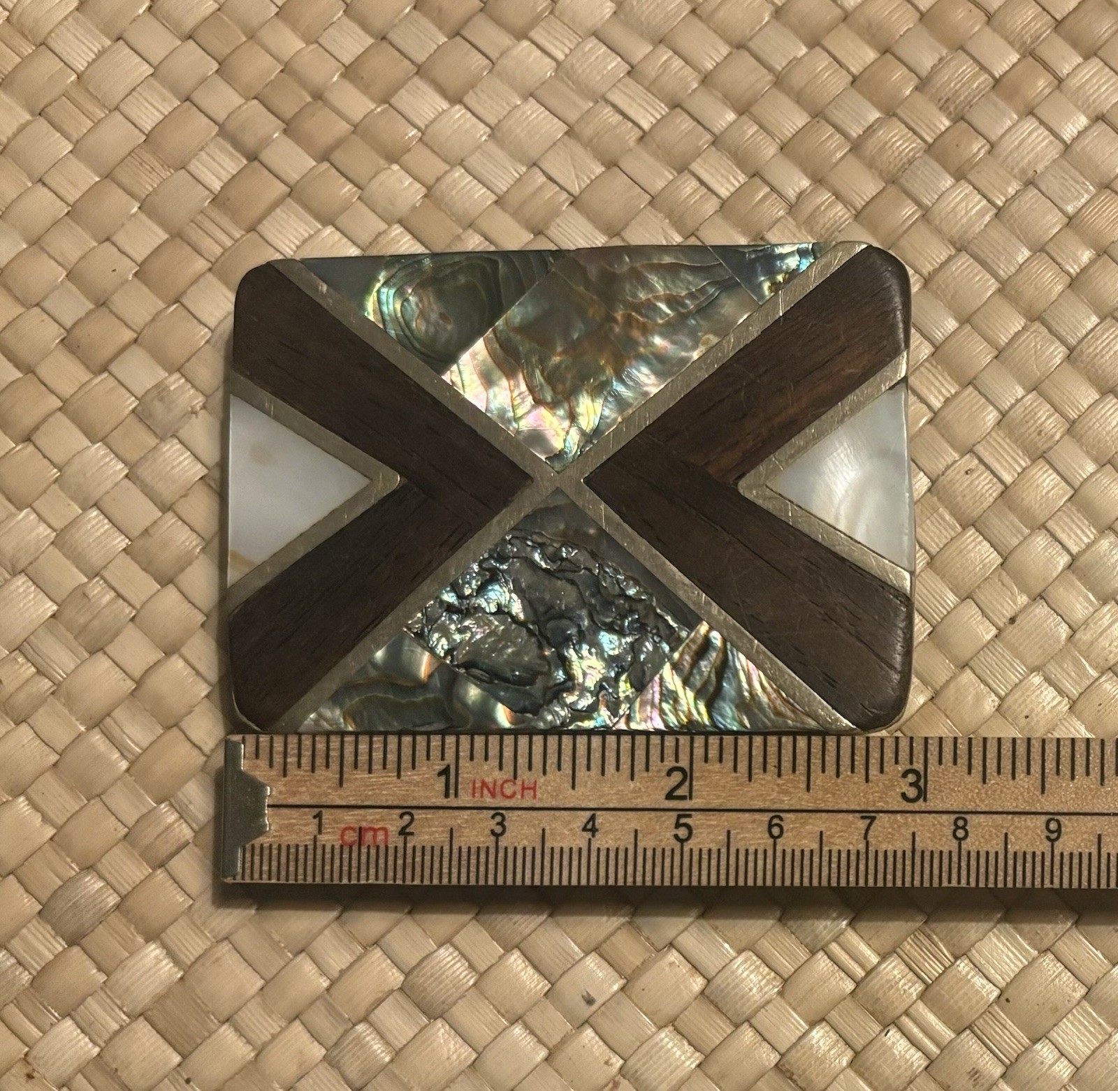 Vintage Mexico Wood & Shell Inlay Belt Buckle 2X3 in