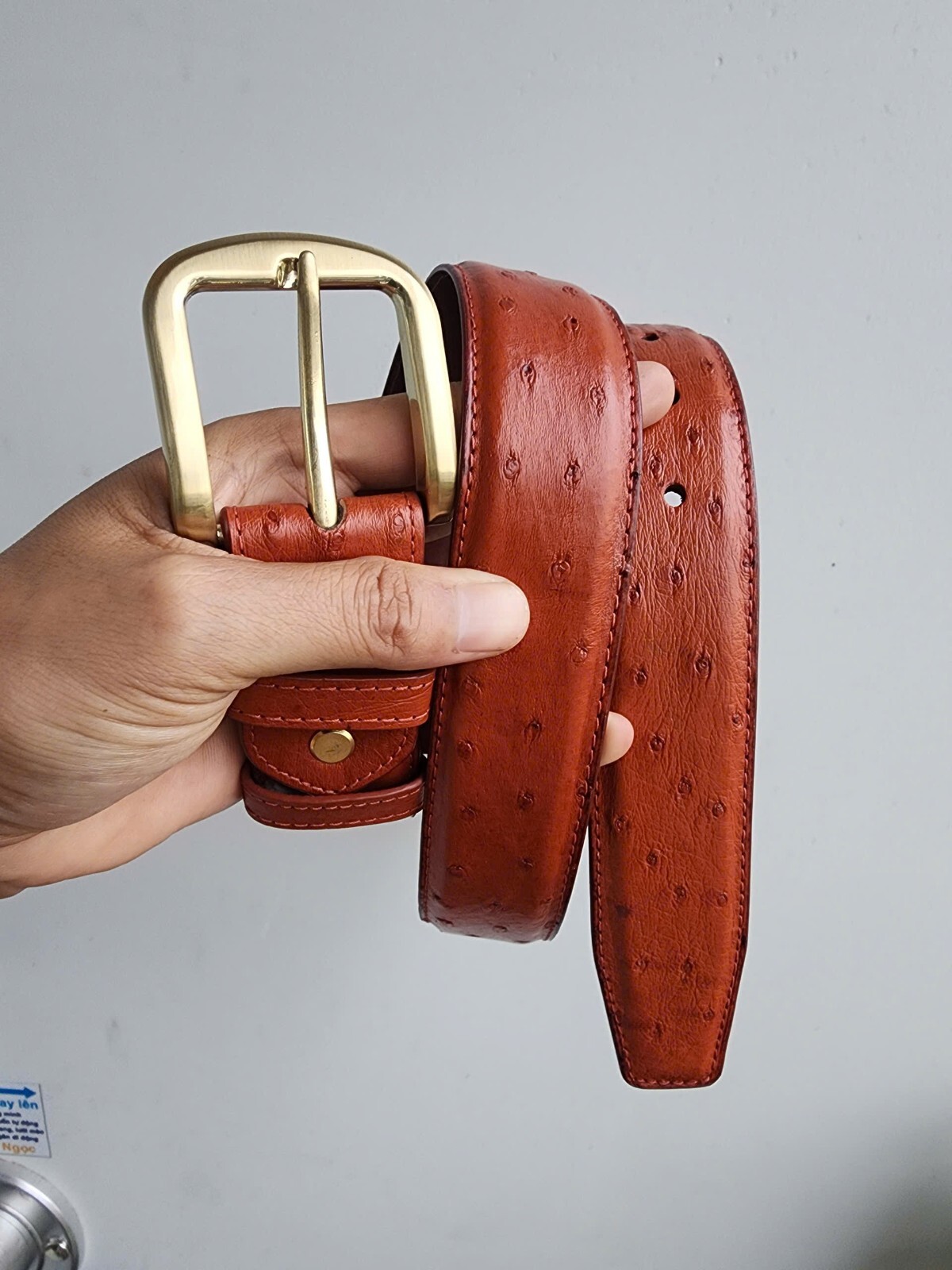 3.8CM Brown 100% Genuine Body Ostrich Leather Skin Men Belt Buckle- Handmade