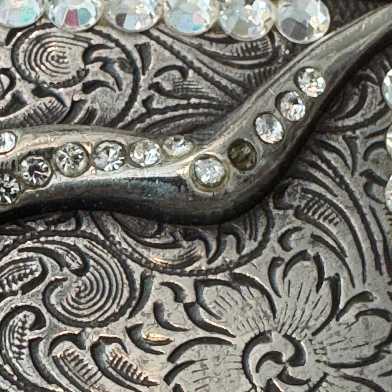 Western Longhorn Skull Belt Buckle Silver Engraved Floral Rhinestone Accents