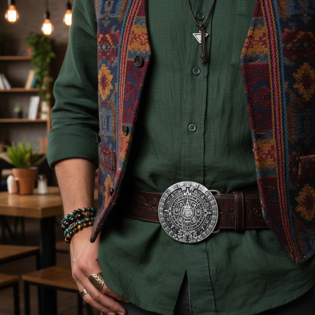 Men Women Belt Buckle Dark Silver Metal Western Fashion Aztec Calendar Mayan
