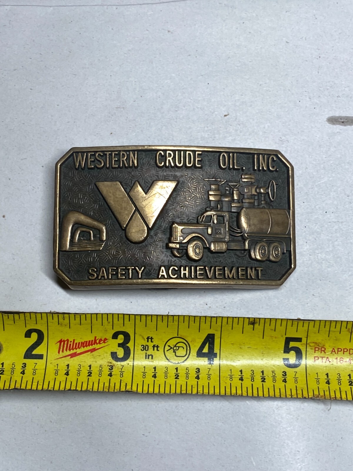 Vintage Western Crude Oil Inc Safety Achievement Brass Belt Buckle Jostens