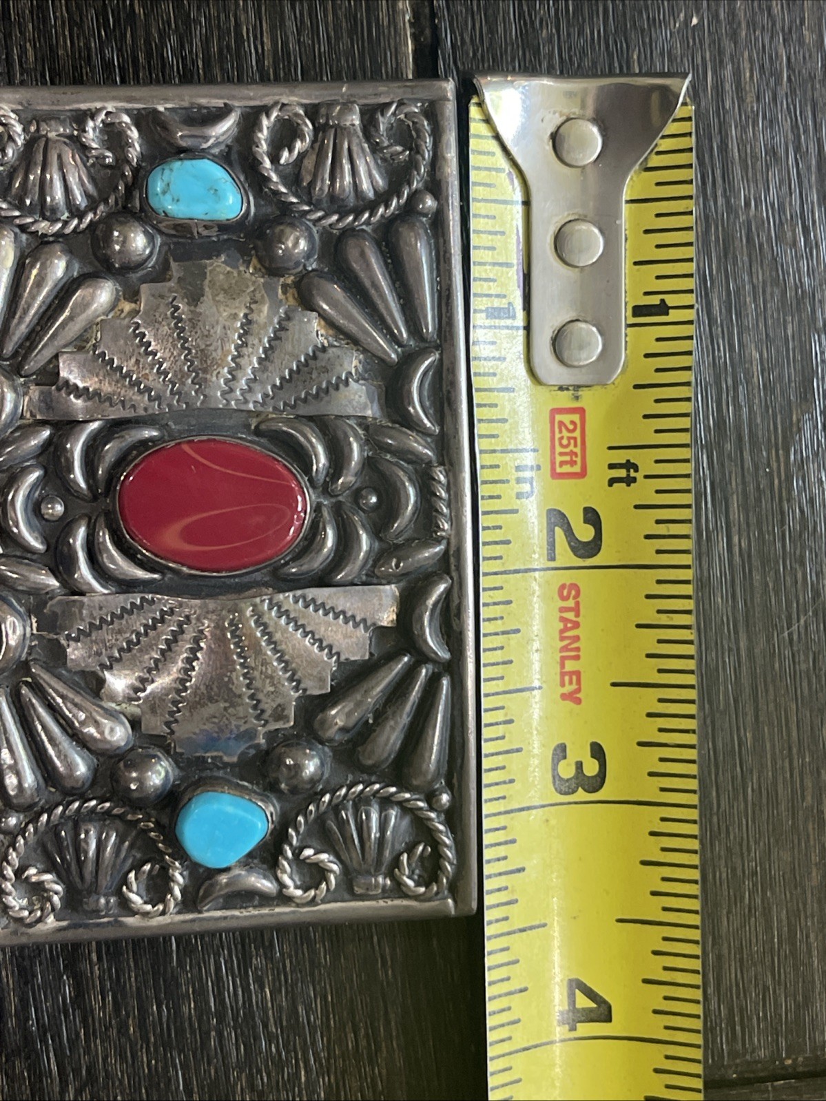 Vintage Native American Mexico Silver Turquoise & Coral Belt Buckle – 56 G