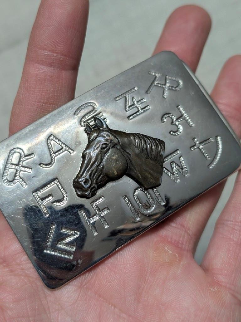 vintage WESTERN belt buckle HORSE equestrian COWBOY chrome brass