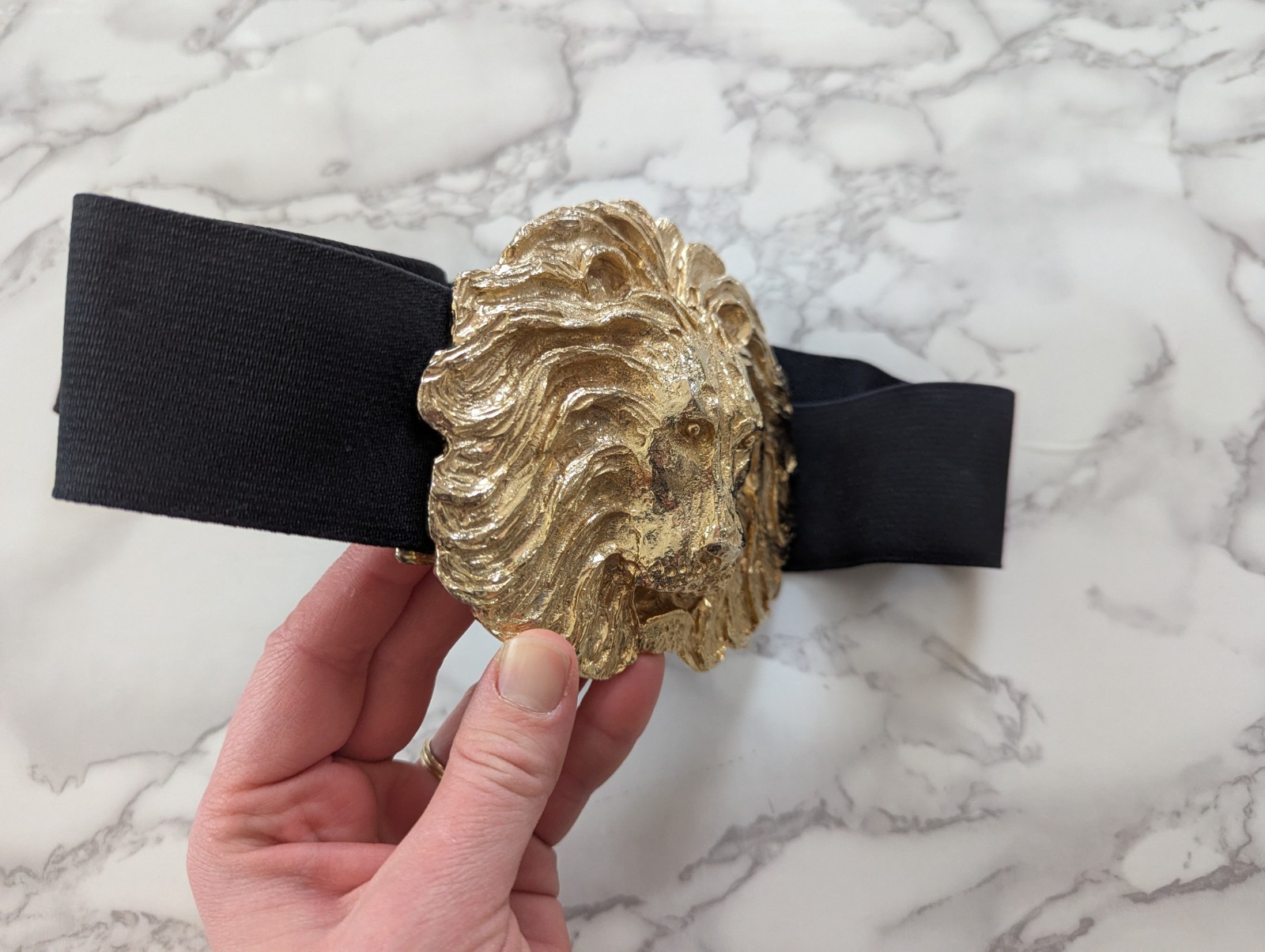 Vintage Lion Head Oversize Gold Metal Belt Buckle Elastic Fashion Belt 80&rsquo;s 90&rsquo;s