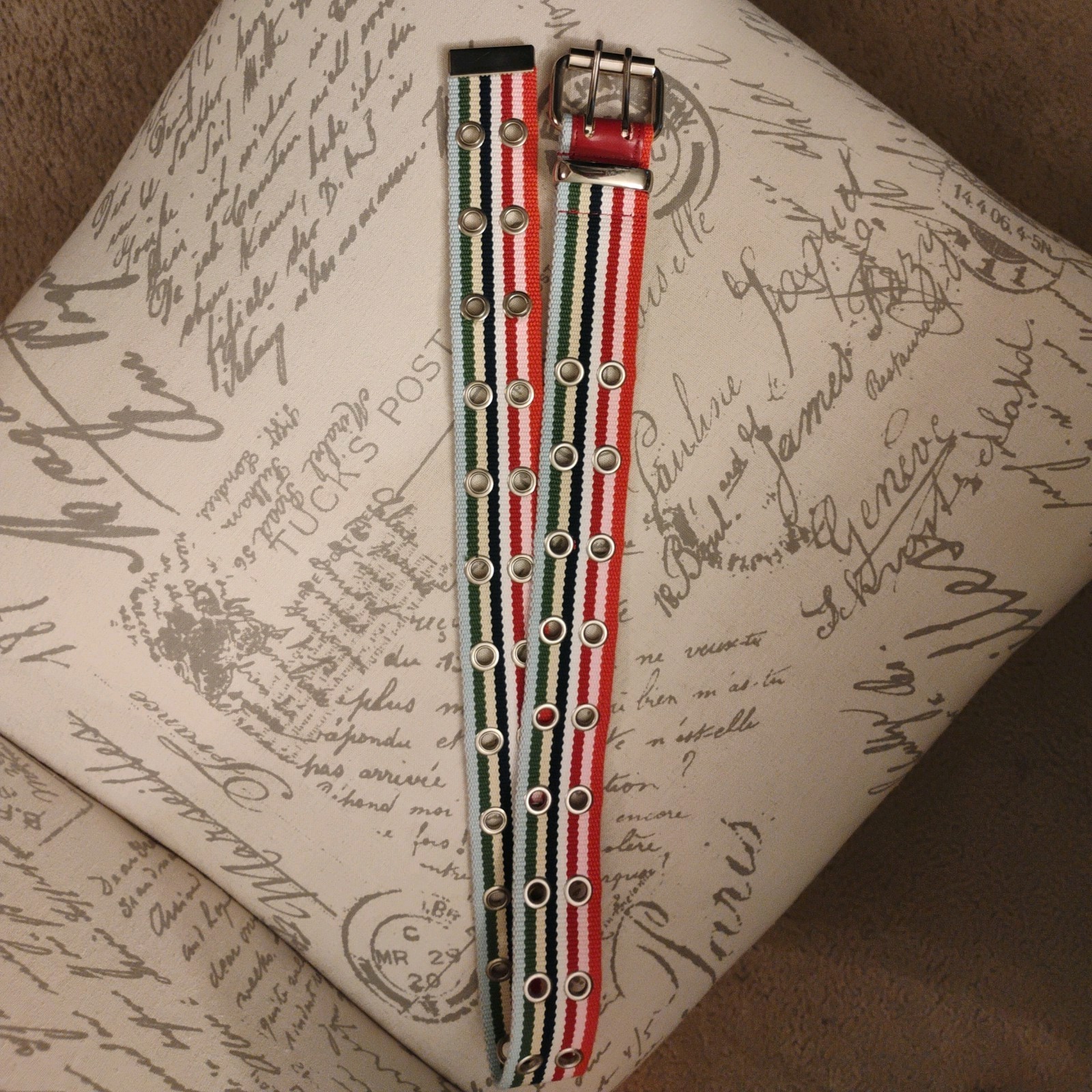New-Colorful Striped Double Prong Buckle & Metal Grommets Belt 35 in long