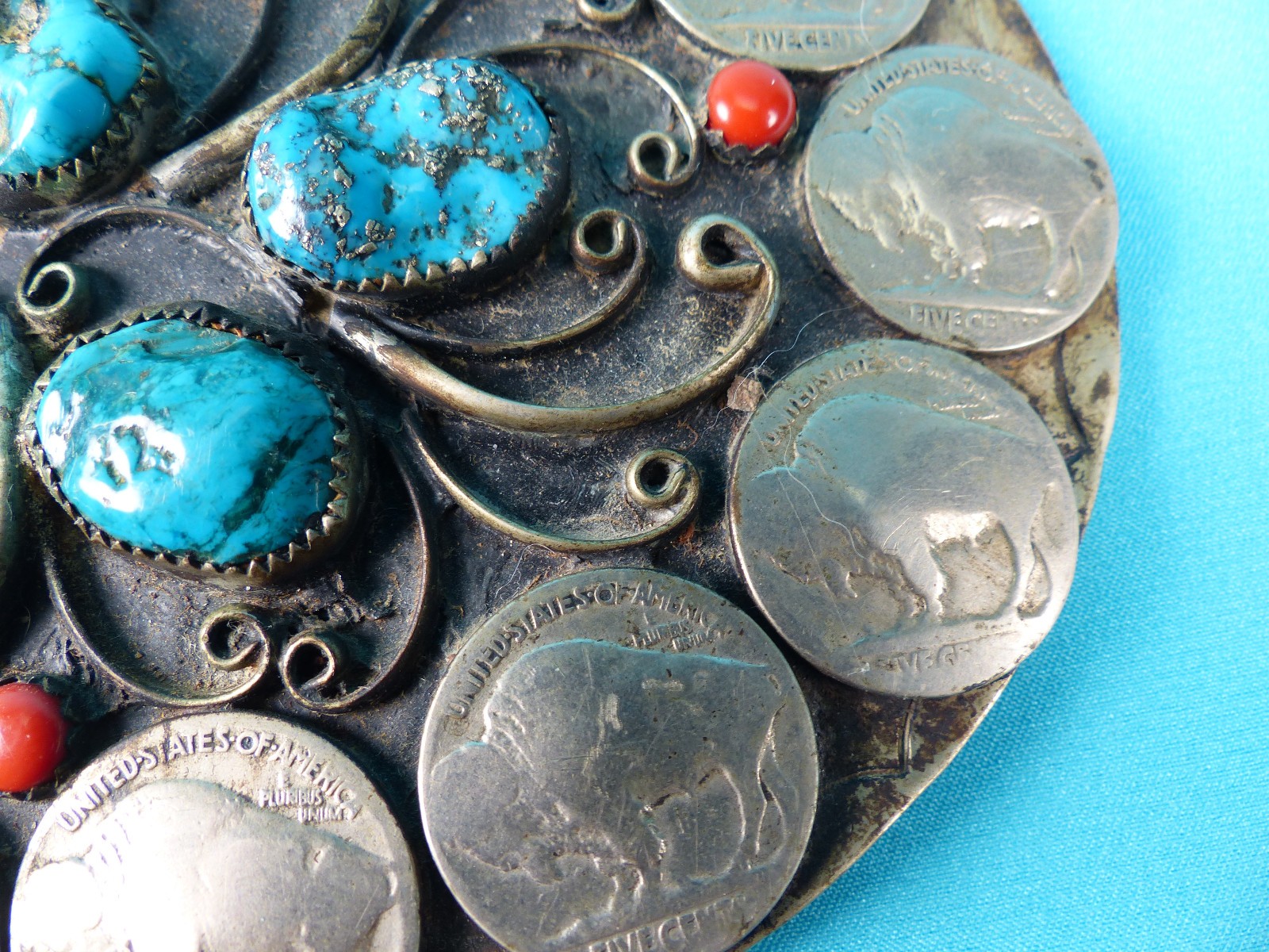 Vtg 1970&rsquo;s NA Style Turquoise Coral Buffalo Nickel Silver Squaw Wrap Belt Buckle