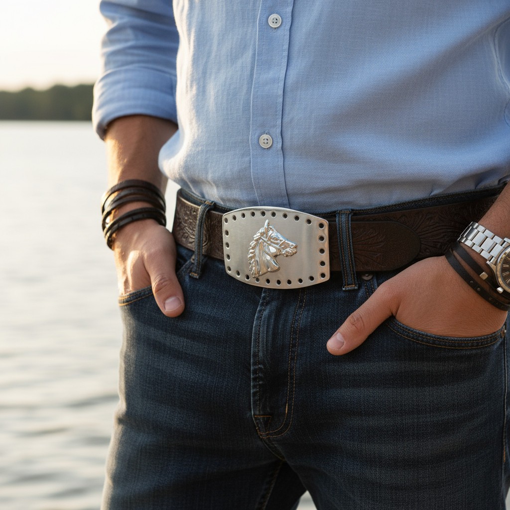 Men Women Western Fashion Belt Buckle Silver Metal Rodeo Horse Big Square Holes