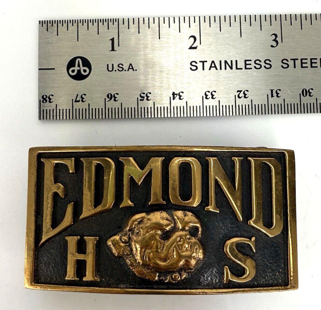 Edmond High School Oklahoma Belt Buckle Vintage Brass Bulldogs 3&Prime;x1.5&Prime;