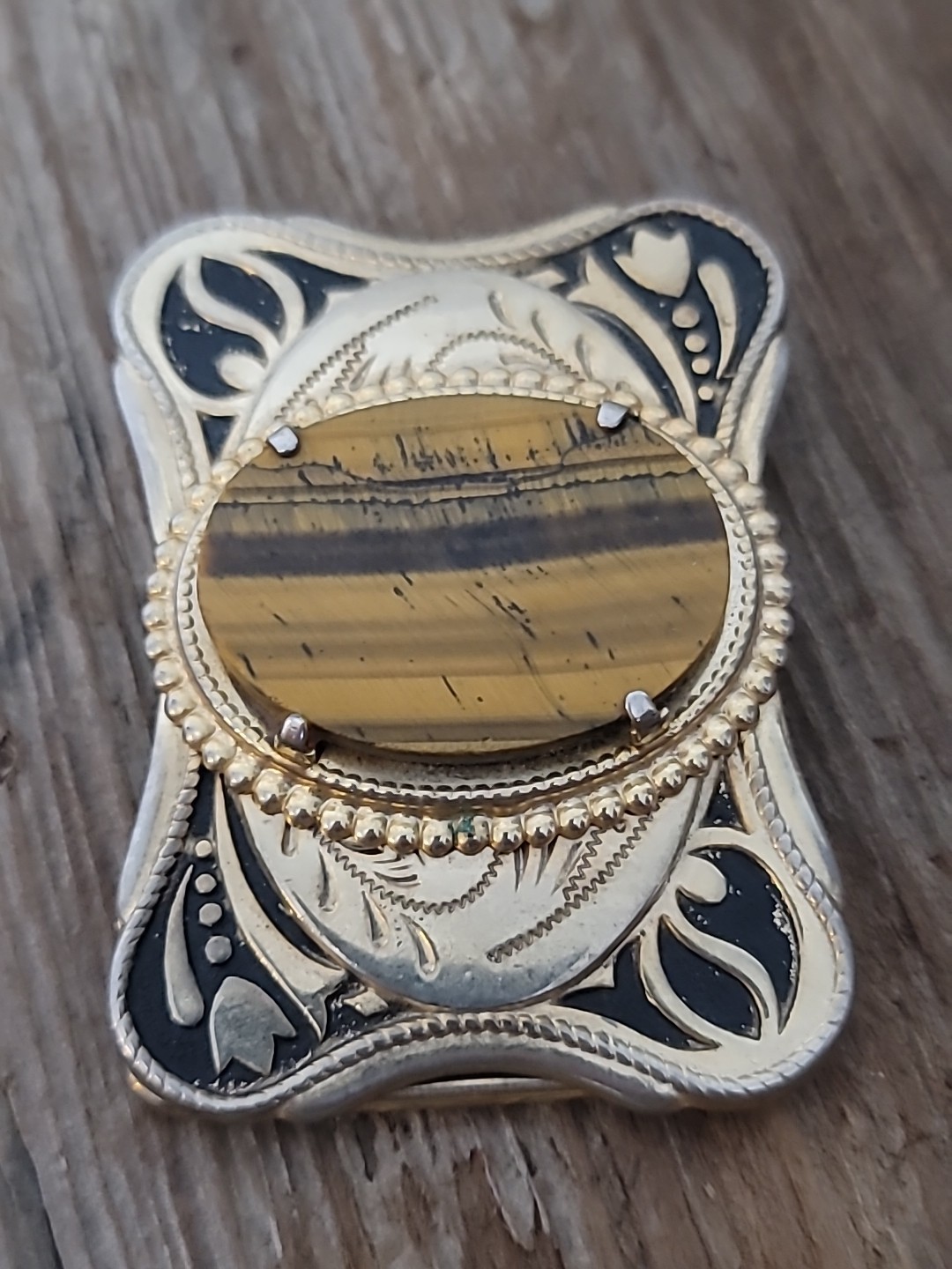 Vintage Brown Tiger Eye Country Western Mens Cowboy Belt Buckle 3&Prime; Gold Tone VGC