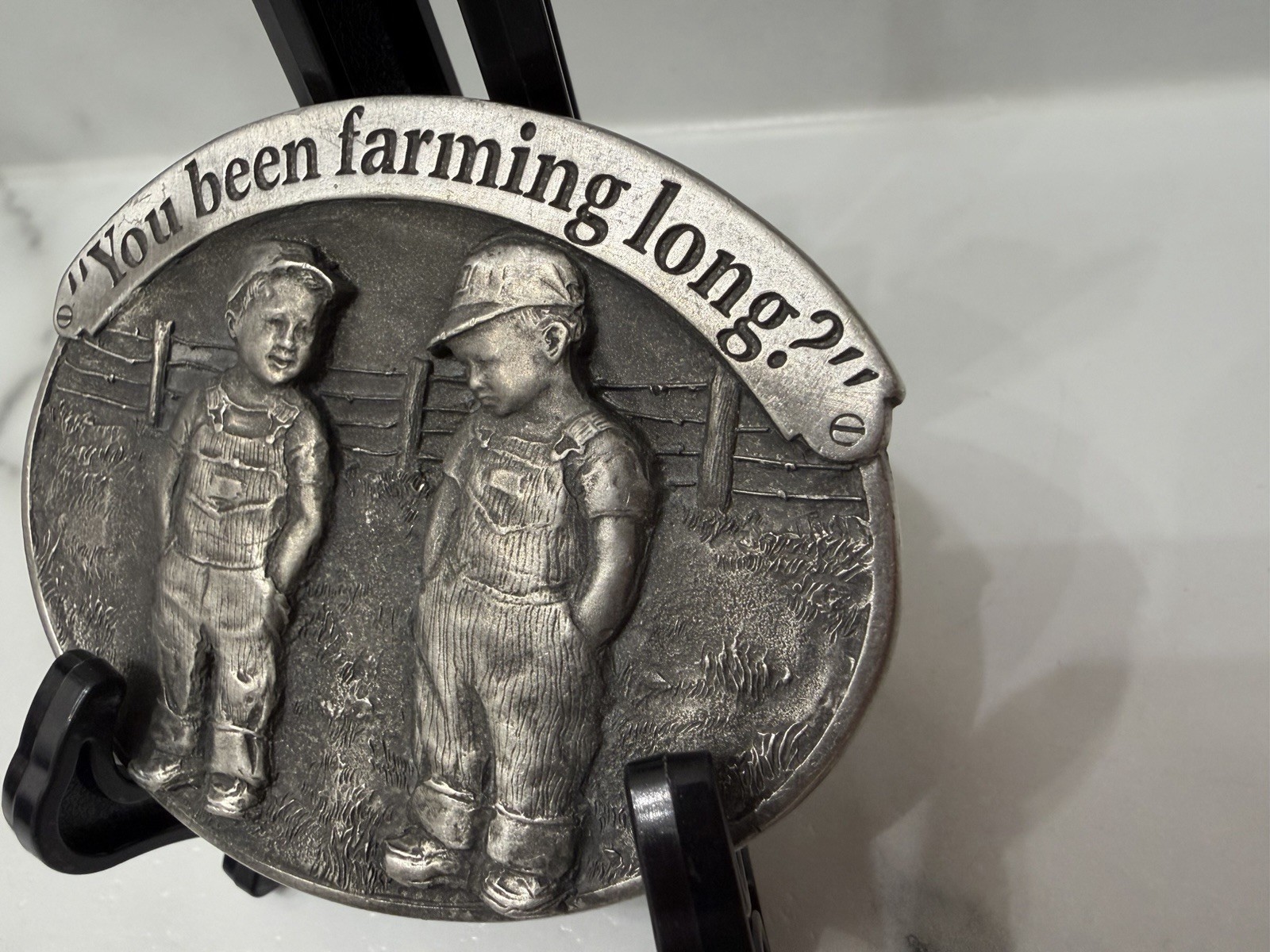 vintage USA made LITTLE FARMERS belt buckle SOLID PEWTER farming WESTERN heavy