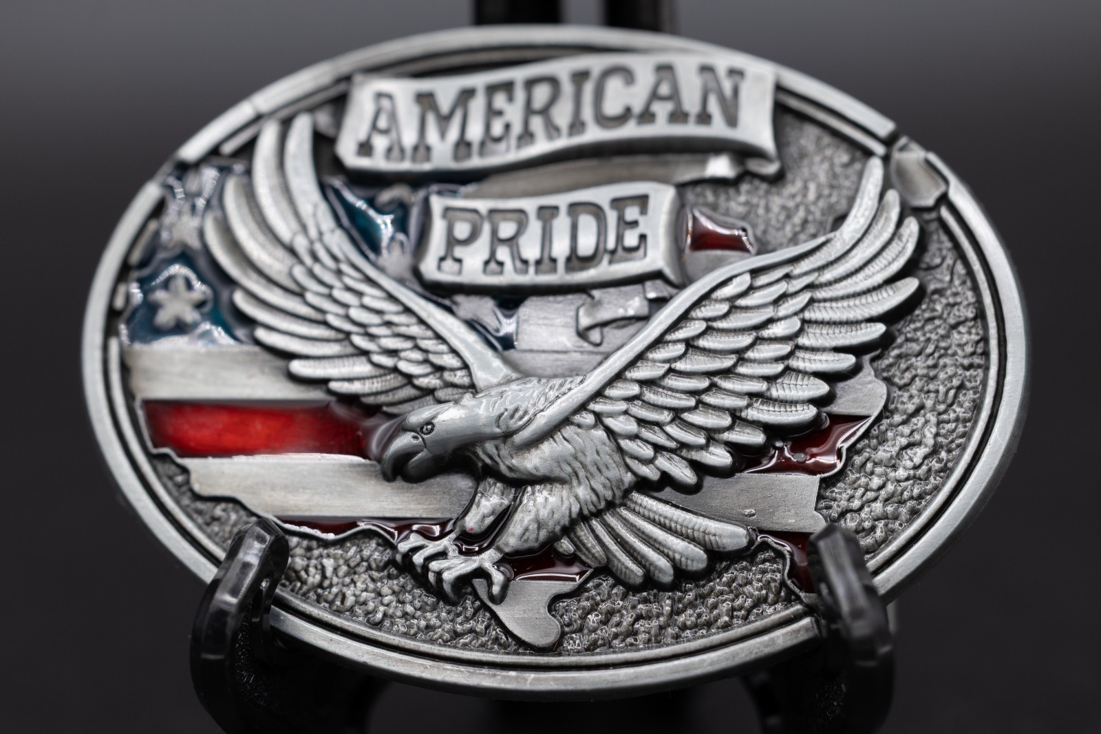 American Pride Belt Buckle Soaring Eagle US Flag Red White Blue Enamel Oval