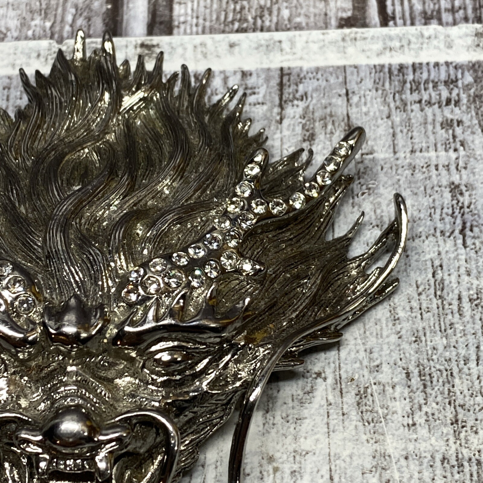 Silver Plated Asian Chinese Dragon Head Metal Belt Buckle Bejeweled